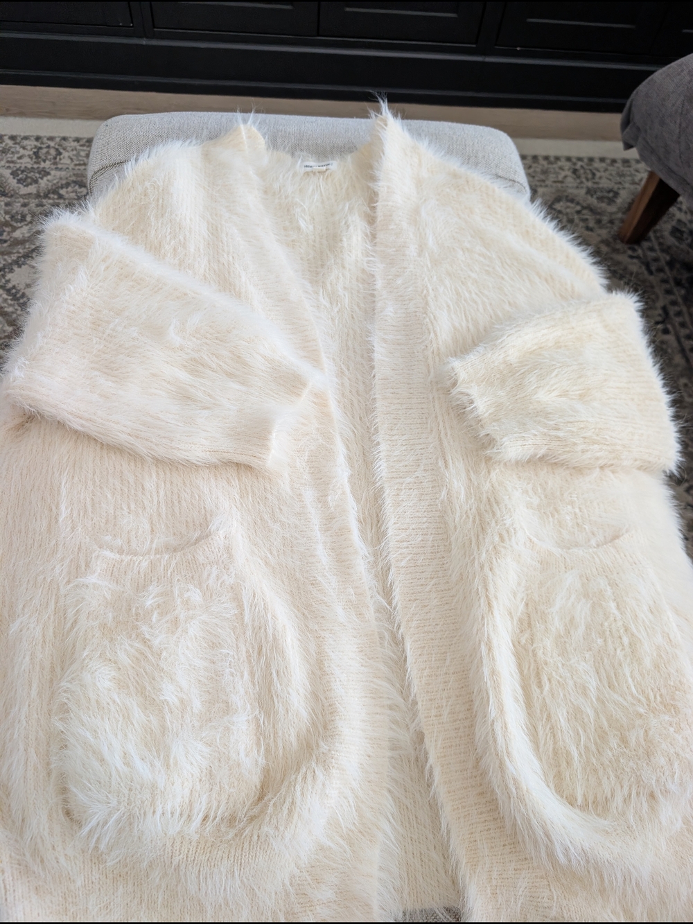 ​Dance & Marvel Cream Fuzzy Eyelash Open Front Cardigan Sweater | Size S - Picture 8 of 9